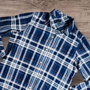 HUE Navy and White Plaid Button‎ Down Long Sleeve Shirt